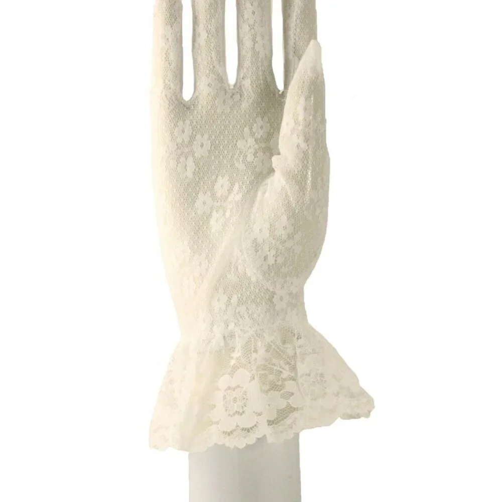 Ivory Lace Gloves Wrist Length w Ruffle Dressy Weddings Party Bridal Prom
